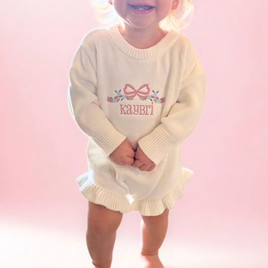 Personalized Embroidered Long Sleeve Ruffle Knit Romper