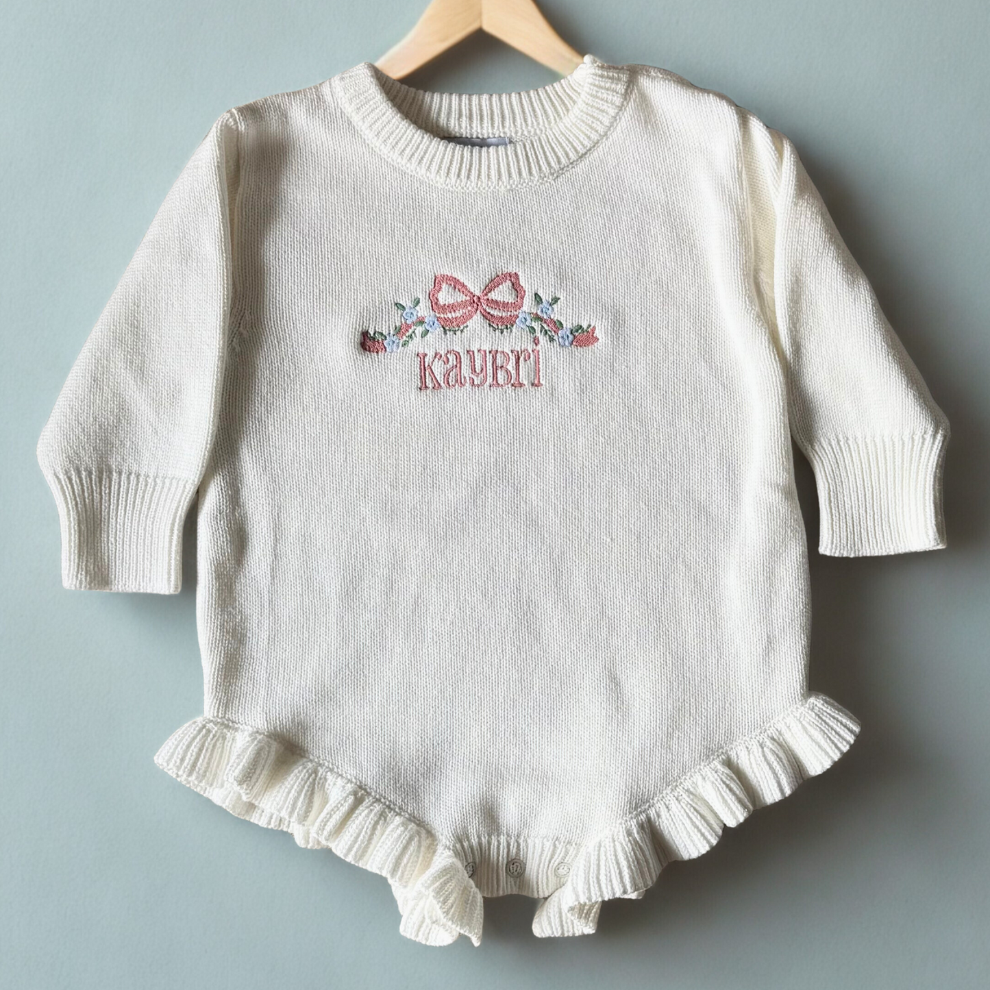 Personalized Embroidered Long Sleeve Ruffle Knit Romper