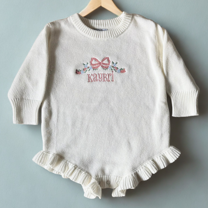 Personalized Embroidered Long Sleeve Ruffle Knit Romper