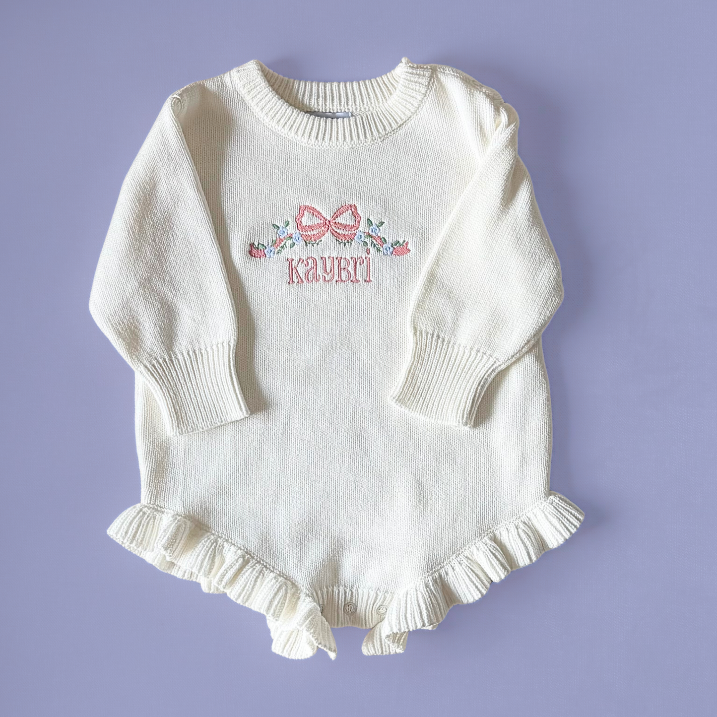 Personalized Embroidered Long Sleeve Ruffle Knit Romper