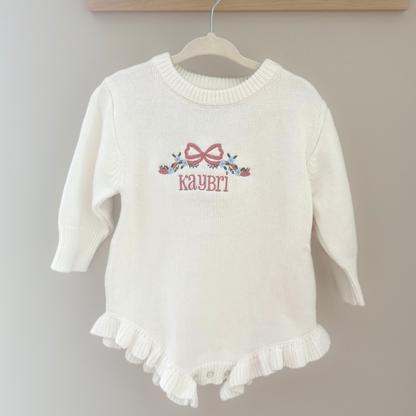 Personalized Embroidered Long Sleeve Ruffle Knit Romper