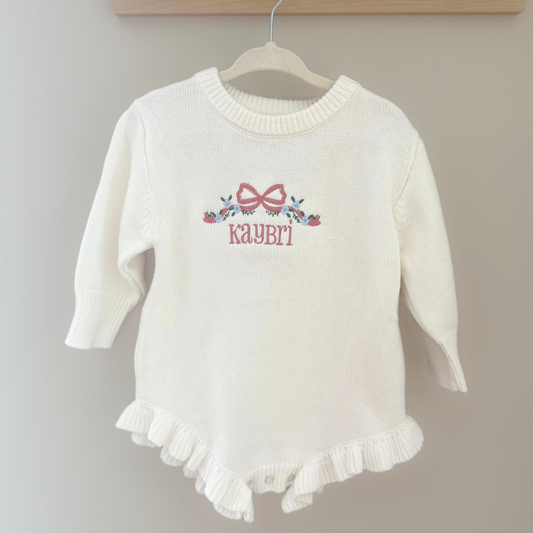 Personalized Embroidered Long Sleeve Ruffle Knit Romper