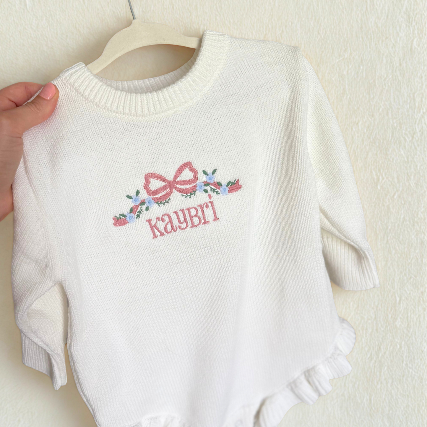 Personalized Embroidered Long Sleeve Ruffle Knit Romper