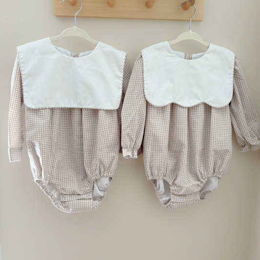 Preorder-Beige Gingham Bubble Romper