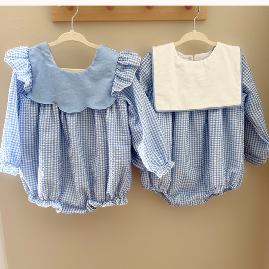 Preorder-Blue Gingham Bubble Romper