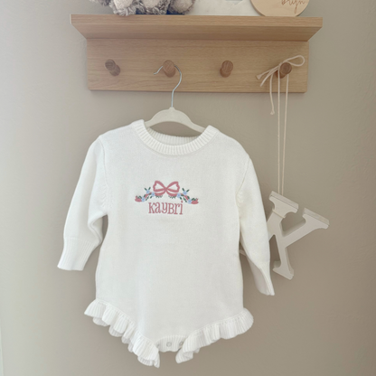 Personalized Embroidered Long Sleeve Ruffle Knit Romper