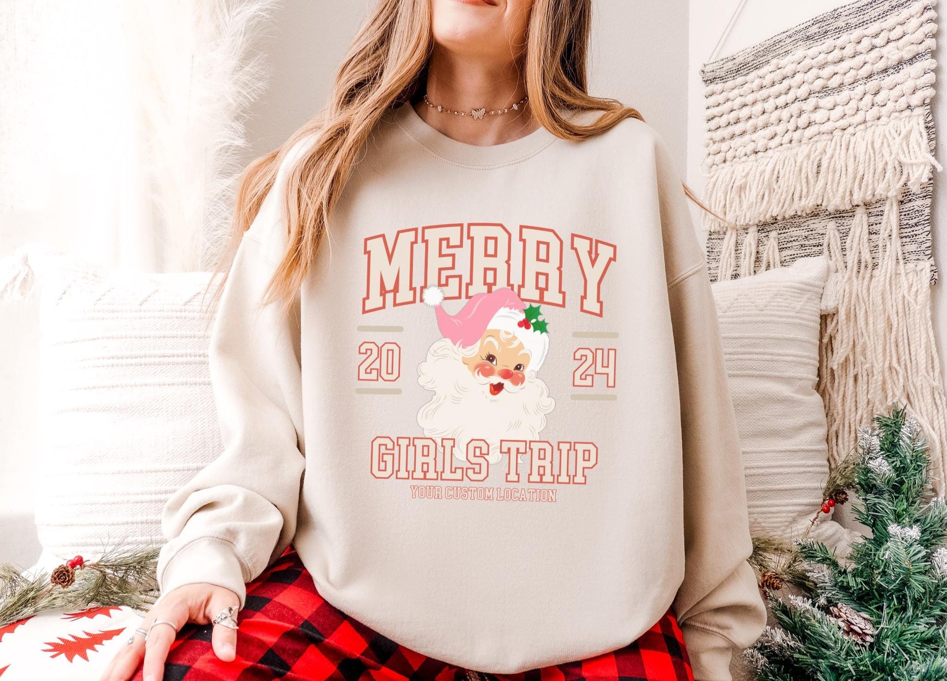 Personalized Christmas Girls Trip Sweatshirt Custom Santa Crewneck Girls Weekend Holiday Matching Shirt Gift Idea Best Friend Vacation Trip