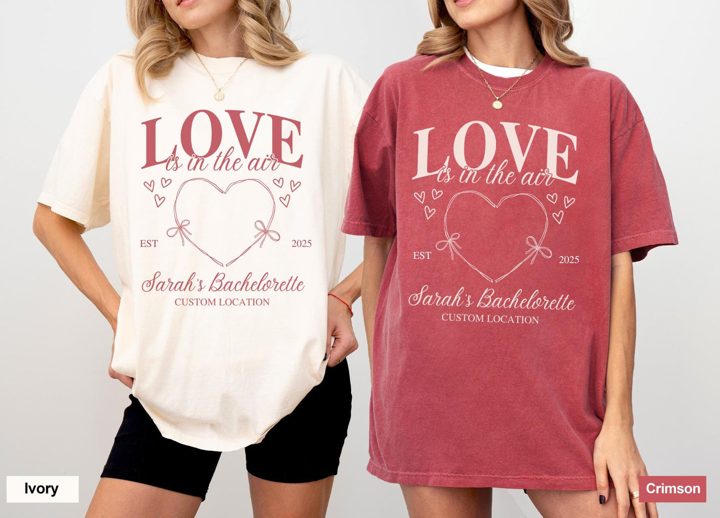 love is in the air custom bachelorette shirts! Social club style design in all one color. On the comfort colors shirts.