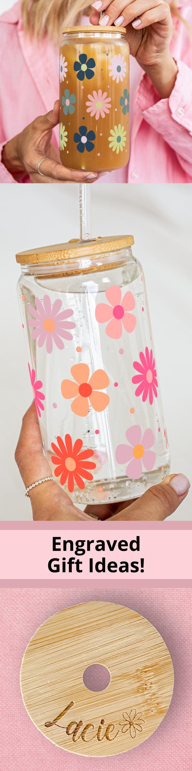 Personalized Floral Iced Coffee Cup Engraved Name Sipper Glass Cup Flower Custom Iced Latte Cup Engraved Lid Custom Bridesmaid Gift Ideas