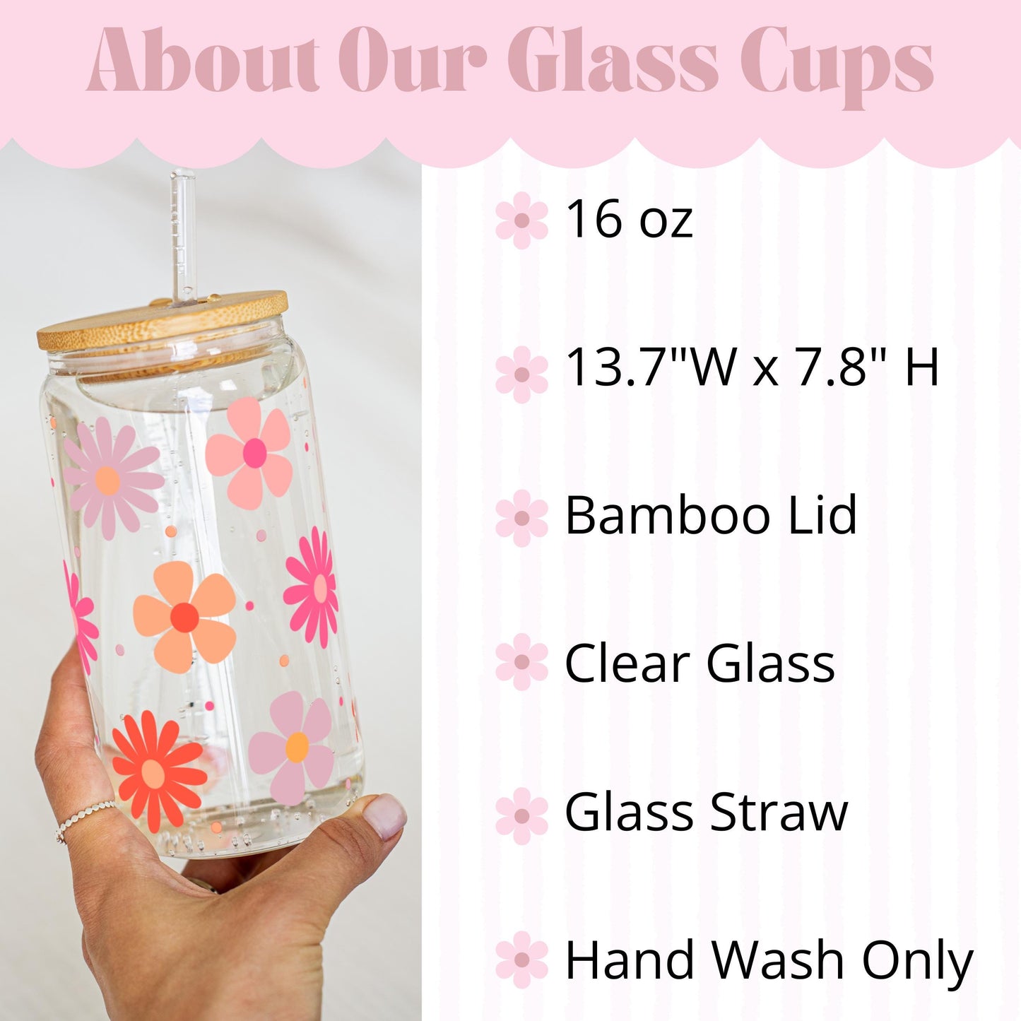 Personalized Floral Iced Coffee Cup Engraved Name Sipper Glass Cup Flower Custom Iced Latte Cup Engraved Lid Custom Bridesmaid Gift Ideas