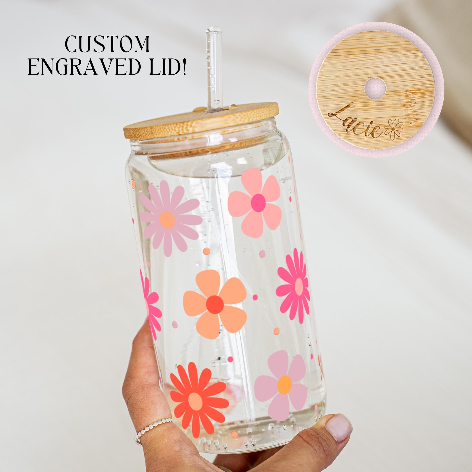 Personalized Floral Iced Coffee Cup Engraved Name