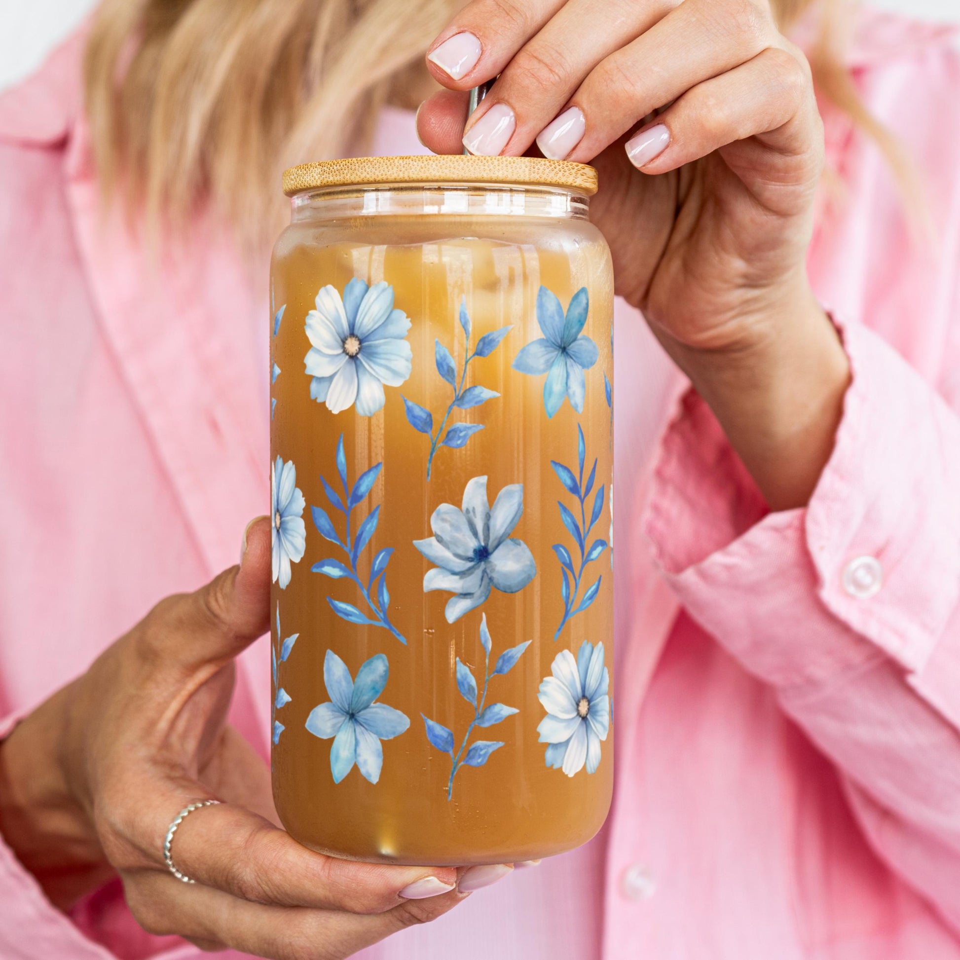 Personalized Engraved Name Glass Something Blue Bridesmaid Tumbler Custom Bridesmaid Sipper Glass Flower Iced Coffee Cup Bridesmaid Gift