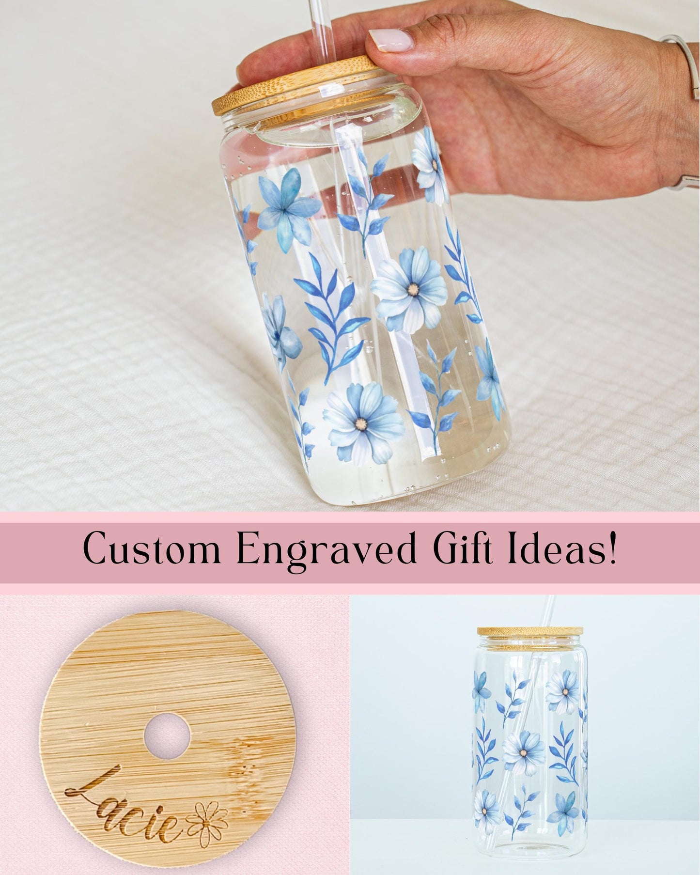 Personalized Engraved Name Glass Something Blue Bridesmaid Tumbler Custom Bridesmaid Sipper Glass Flower Iced Coffee Cup Bridesmaid Gift