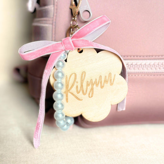 Custom Diaper Bag Keychain Engraved Name Charm Pink Bow Accessories Personalized Diaper Bag Tag Backpack Name Tag Keychain Kids Name Charm