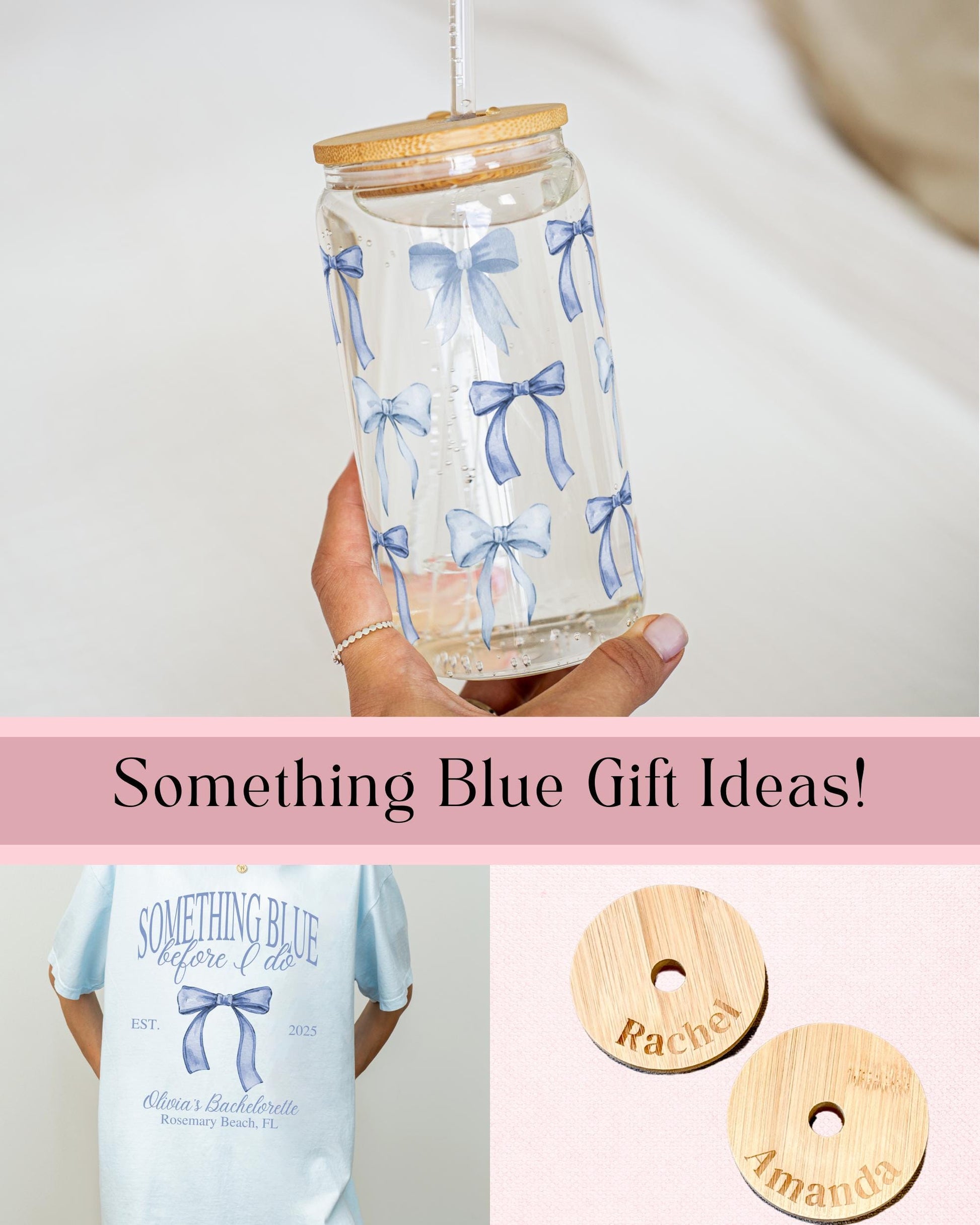 Personalized Something Blue Bridesmaid Glass Engraved Lid Personalized Wedding Party Sipper Glass Bridesmaid Gift with Name Custom Drinkware Blue Bow