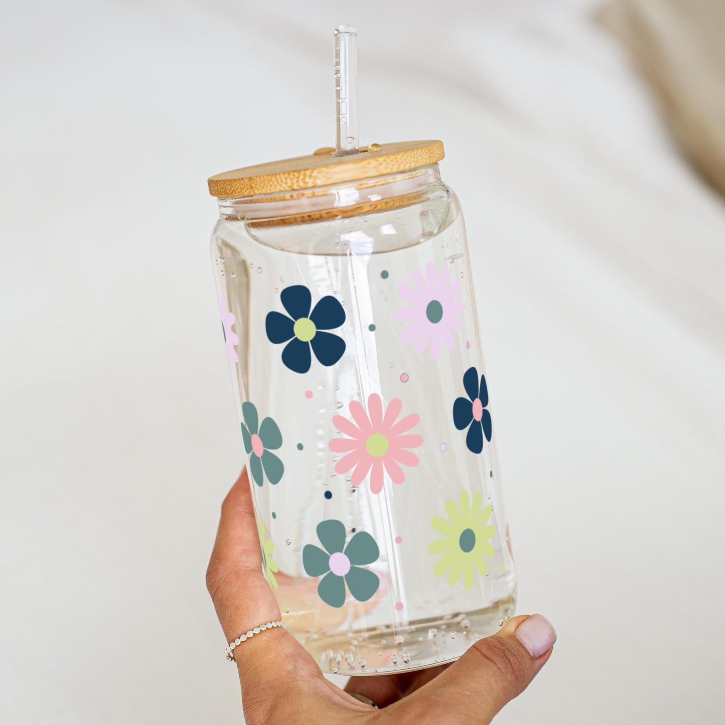 Sipper Glass Cup Flower Custom Iced Latte Cup Engraved