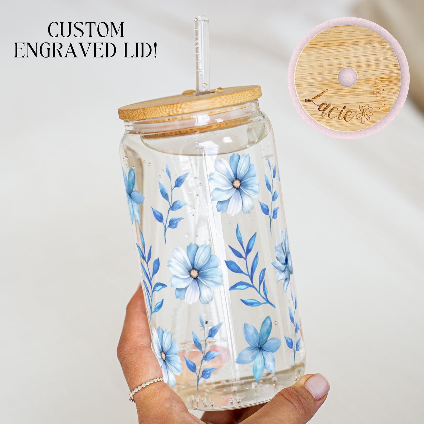 Personalized Engraved Name Glass Something Blue Bridesmaid Tumbler Custom Bridesmaid Sipper Glass Flower Iced Coffee Cup Bridesmaid Gift