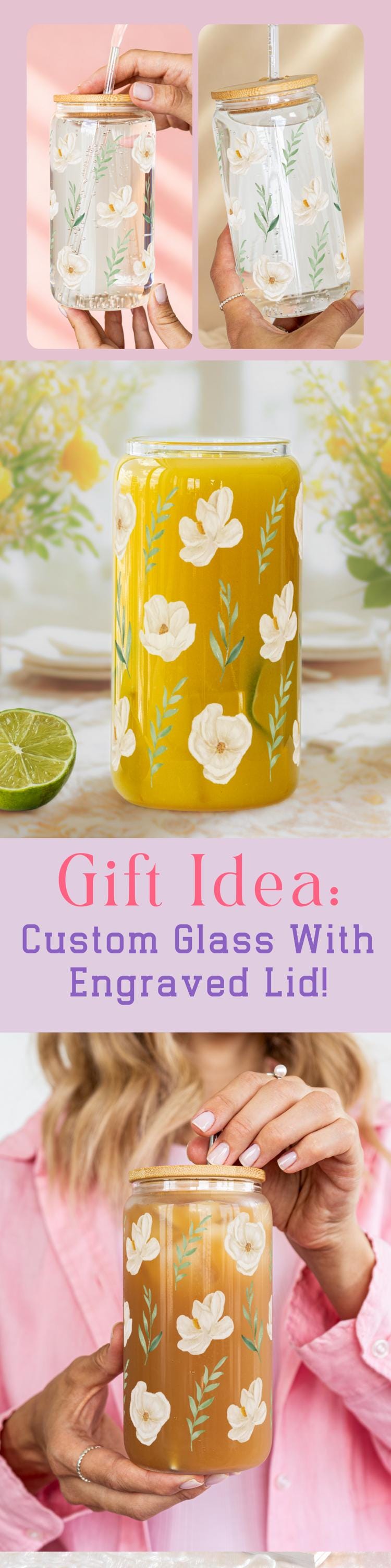 Personalized Floral Glass Cup White Flower Iced Coffee Mug Name Tumbler Custom Engraved Lid Bride Gift Idea Sipper Glass Bridal Shower Gift
