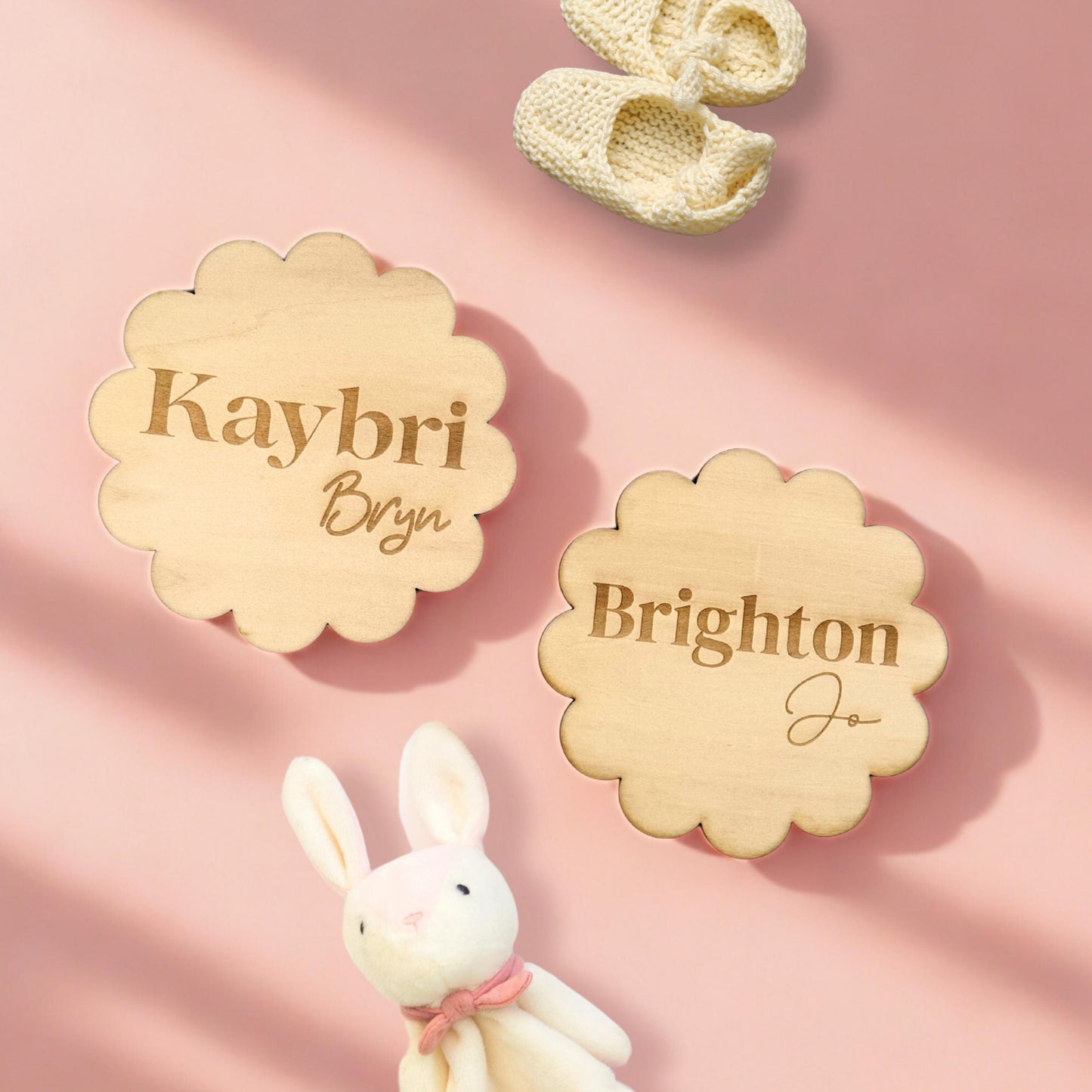Personalized Baby Announcement Wood Circle Scalloped Name