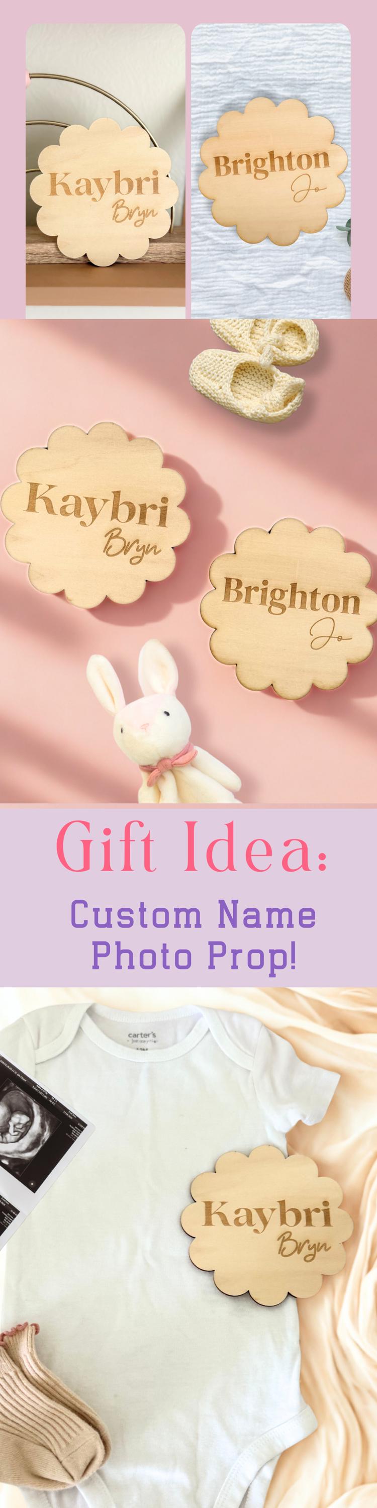 Personalized Baby Announcement Wood Circle Scalloped Name Photo Sign Custom Engraved Keepsake Gift For Baby Shower Newborn Photo Prop Birth