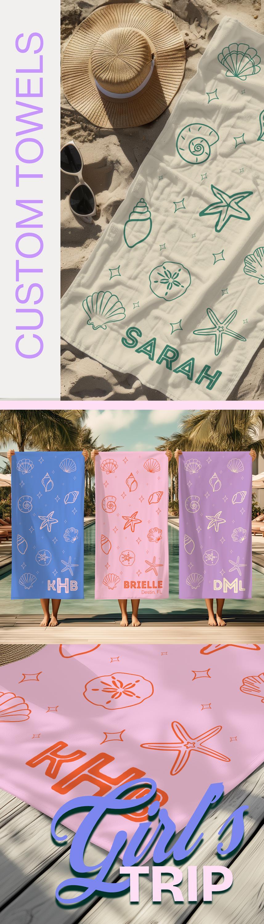 Custom Bachelorette Beach Towels Personalized Seashell Pool Towel Monogram Initial Beach Themed Name Towel Girls Trip Destination Wedding