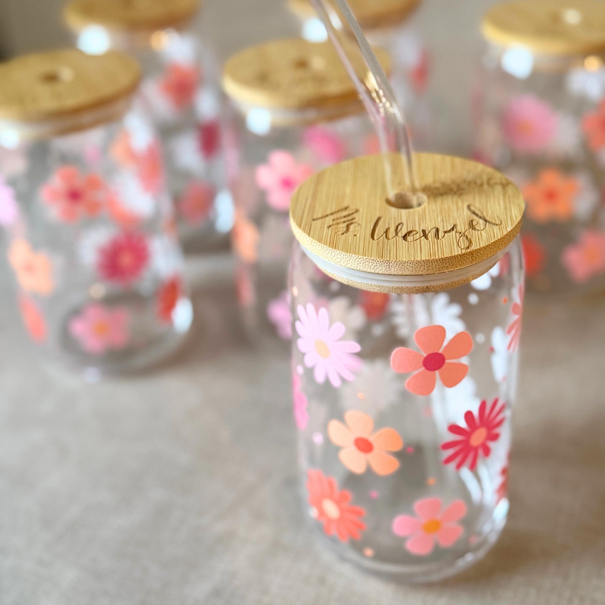 Personalized Floral Iced Coffee Cup Engraved Name Sipper Glass Cup Flower Custom Iced Latte Cup Engraved Lid Custom Bridesmaid Gift Ideas