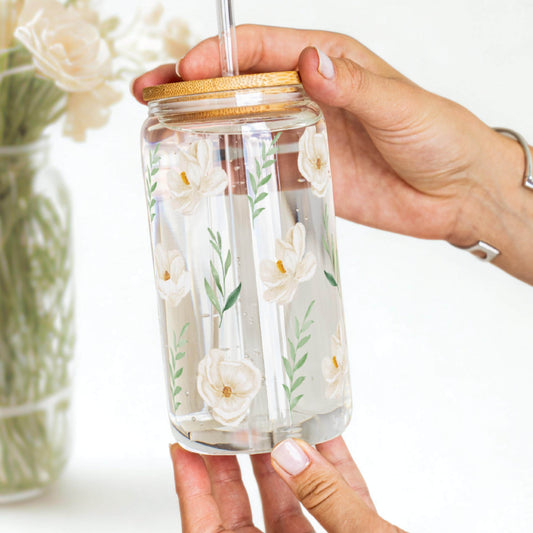 Personalized Floral Glass Cup White Flower Iced Coffee Mug Name Tumbler Custom Engraved Lid Bride Gift Idea Sipper Glass Bridal Shower Gift