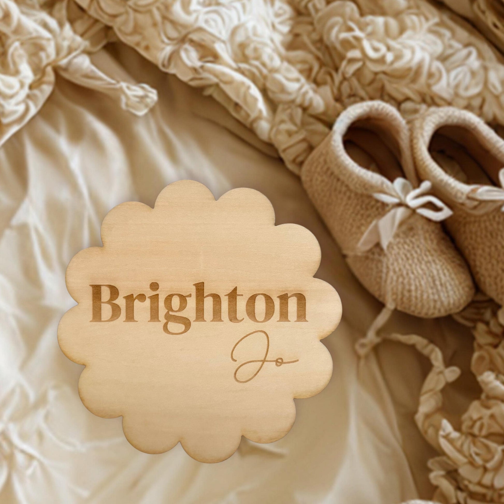 Personalized Baby Announcement Wood Circle Scalloped Name Photo Sign Custom Engraved Keepsake Gift