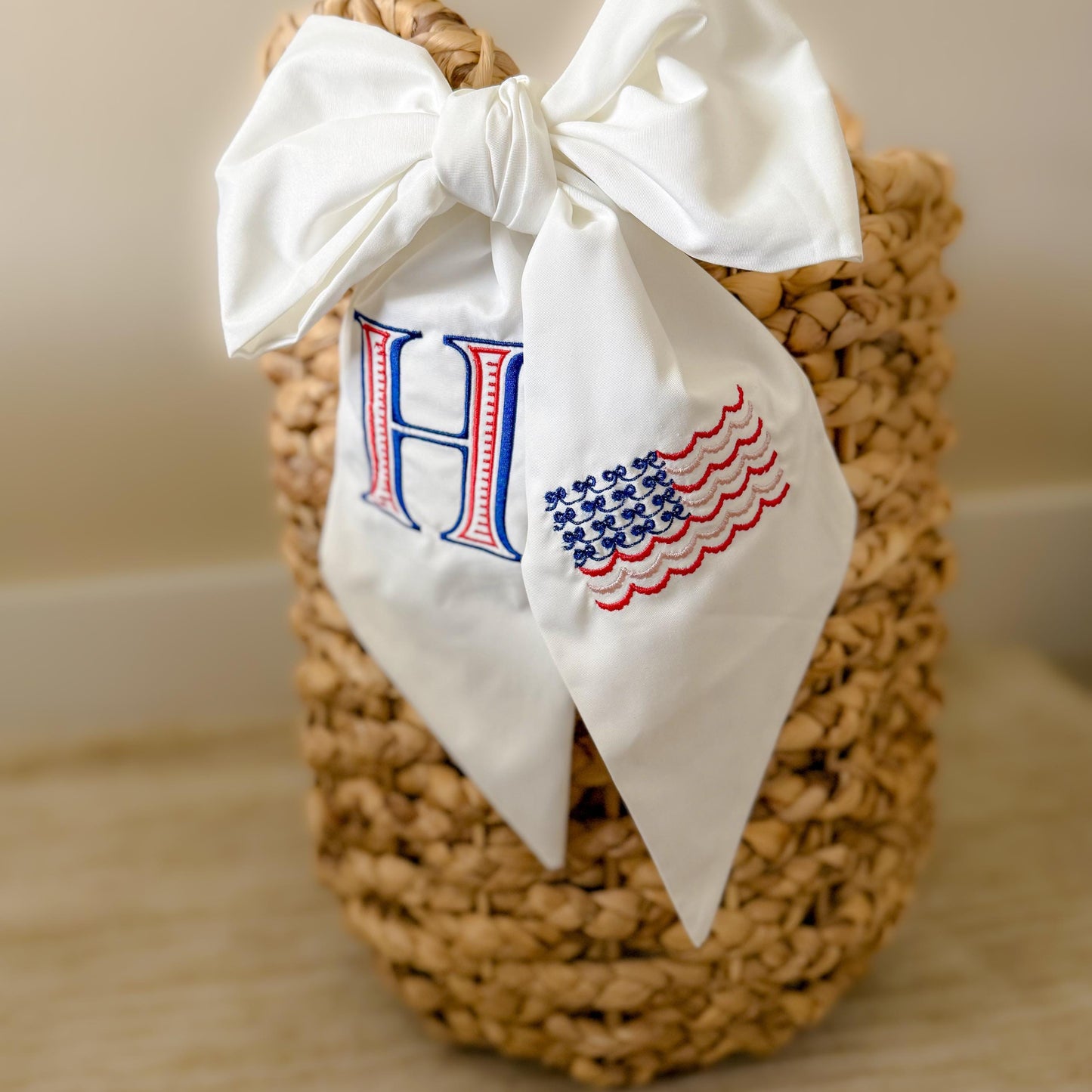 Custom 4th Of July Wreath Sash Embroidered Patriotic Wreath Bow Monogram Initial Embroidery American Flag Wreath Ribbon Independence Day