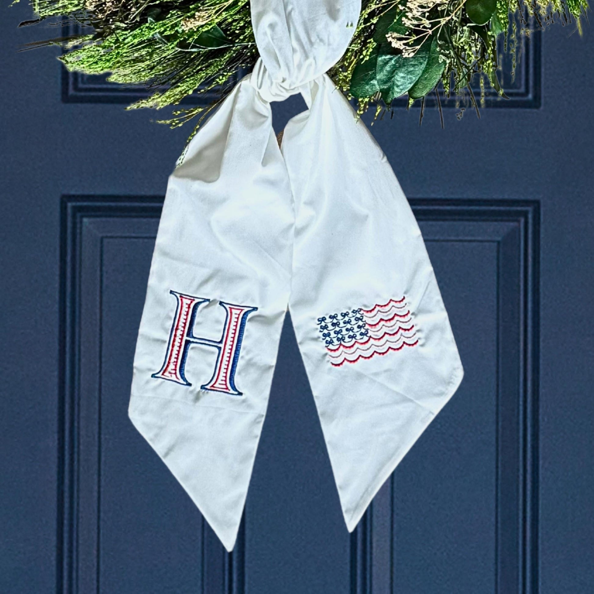 Custom 4th Of July Wreath Sash Embroidered Patriotic Wreath Bow Monogram Initial Embroidery American Flag Wreath Ribbon Independence Day