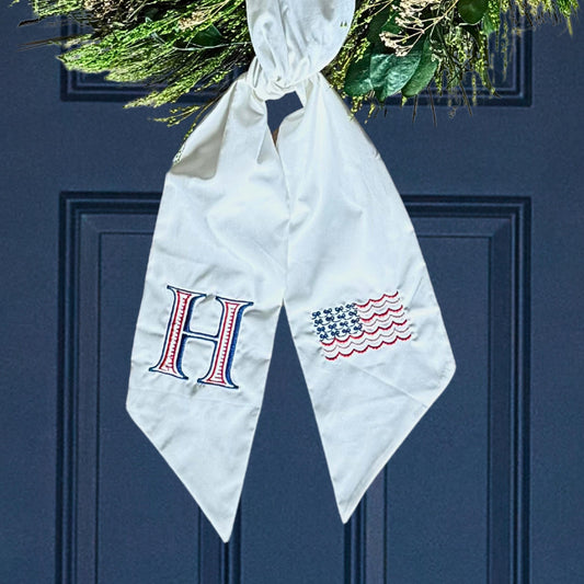 Custom 4th Of July Wreath Sash Embroidered Patriotic Wreath Bow Monogram Initial Embroidery American Flag Wreath Ribbon Independence Day