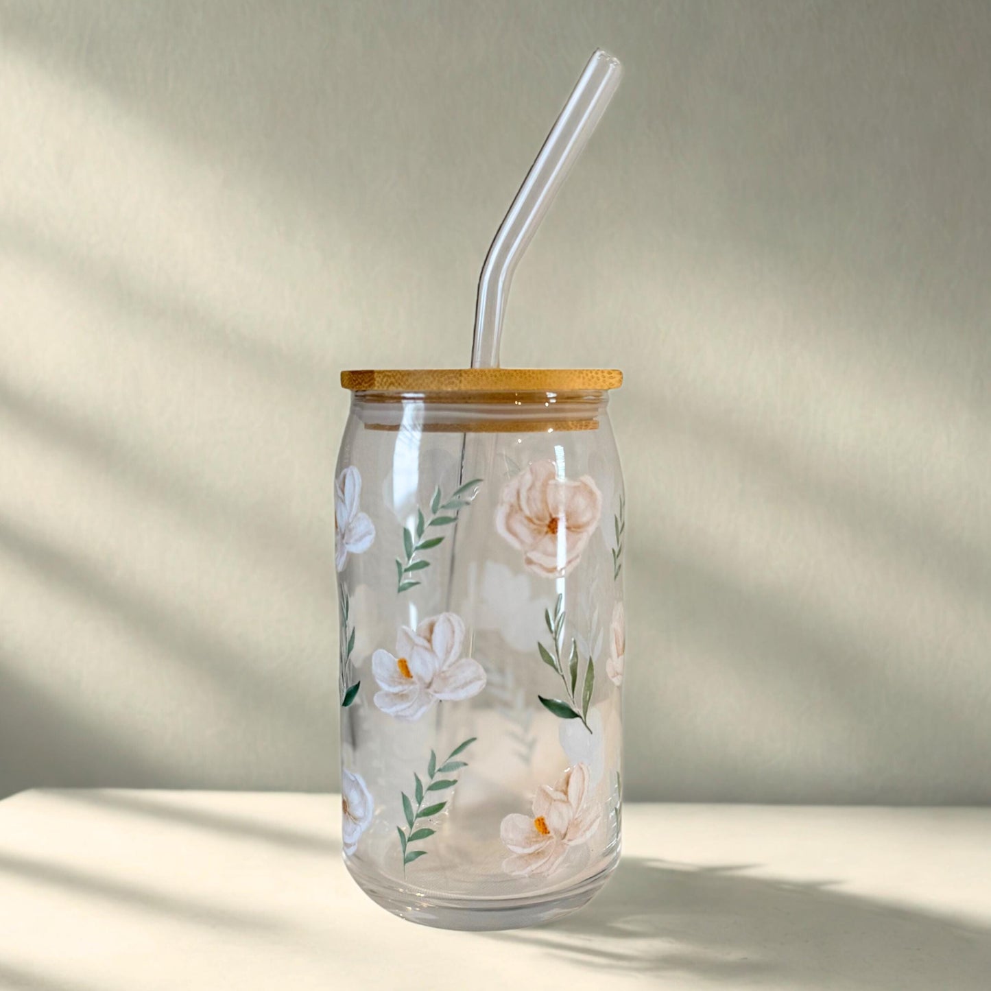 Personalized Floral Glass Cup White Flower Iced Coffee Mug Name Tumbler Custom Engraved Lid Bride Gift Idea Sipper Glass Bridal Shower Gift