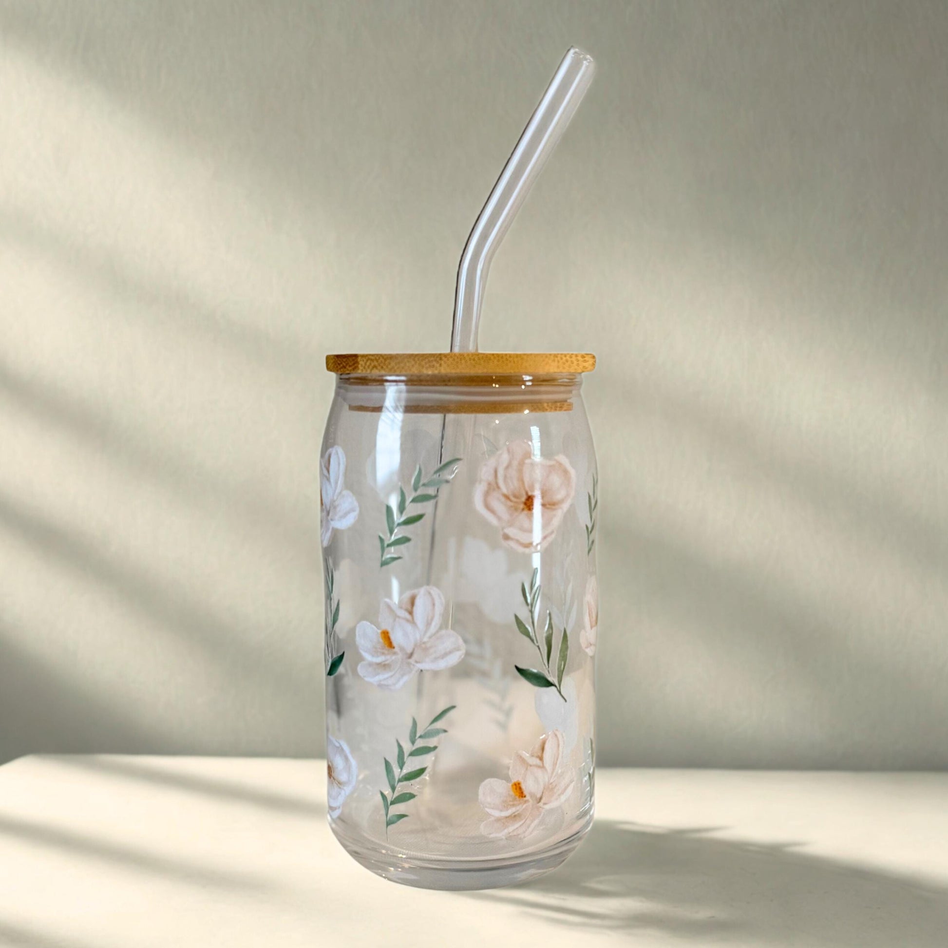 Personalized Floral Glass Cup White Flower Iced Coffee Mug Name Tumbler Custom Engraved Lid Bride Gift Idea Sipper Glass Bridal Shower Gift
