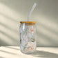 Personalized Floral Glass Cup White Flower Iced Coffee Mug Name Tumbler Custom Engraved Lid Bride Gift Idea Sipper Glass Bridal Shower Gift