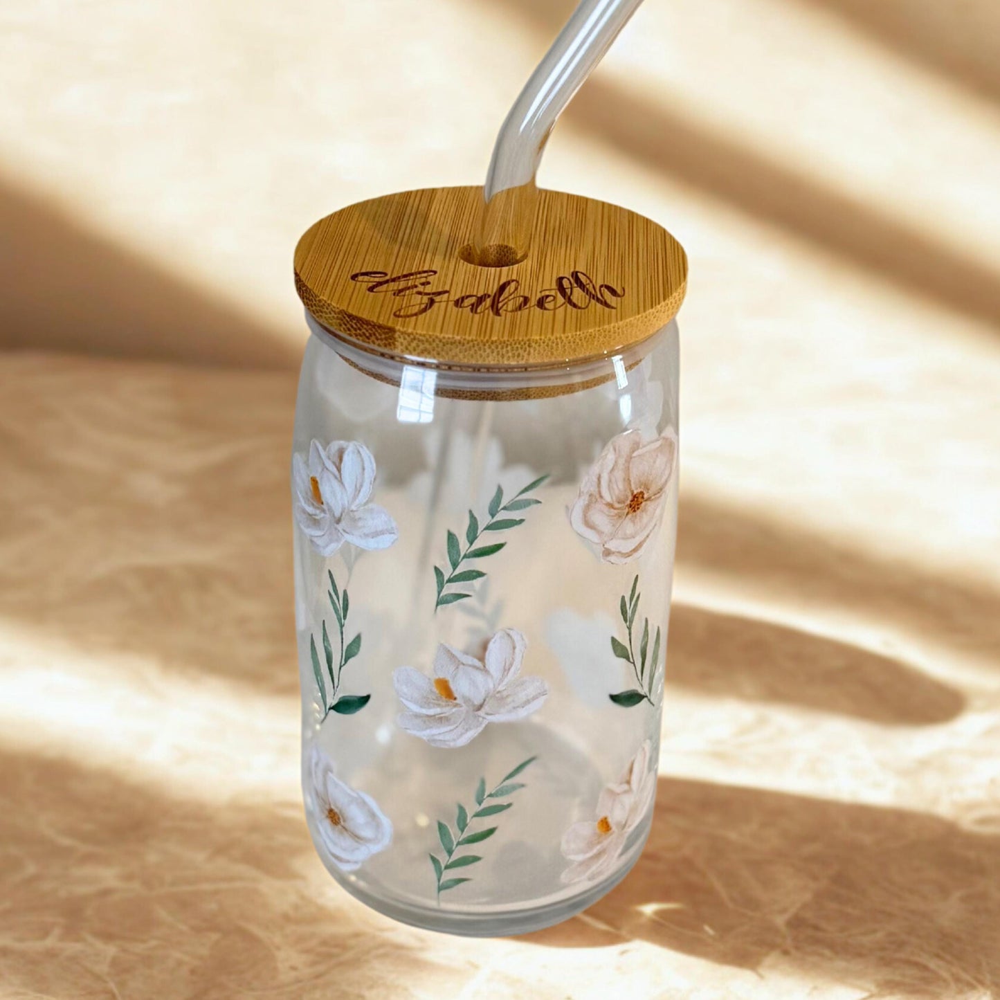 Personalized Floral Glass Cup White Flower Iced Coffee Mug Name Tumbler Custom Engraved Lid Bride Gift Idea Sipper Glass Bridal Shower Gift