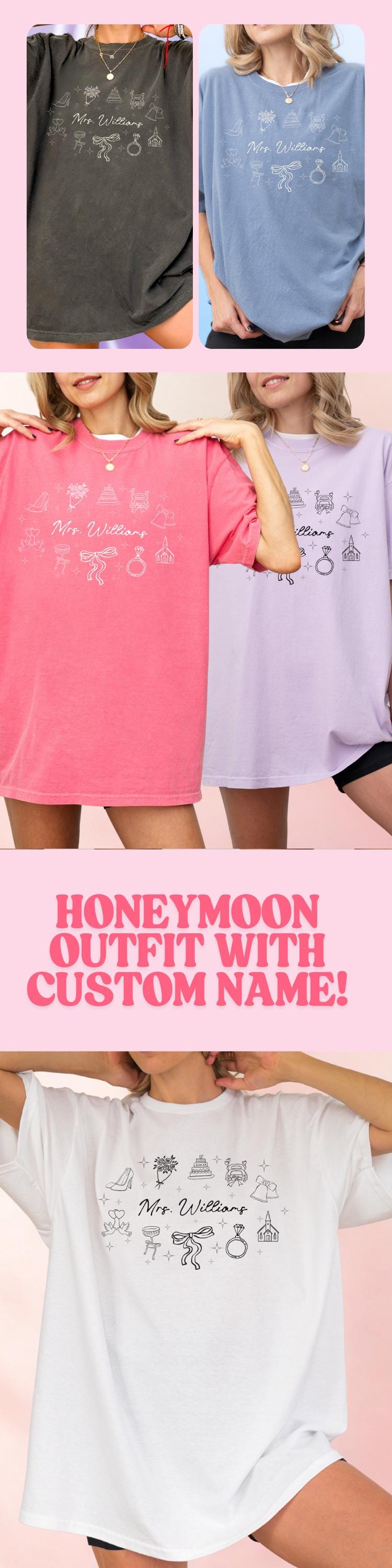 Personalized Honeymoon Shirt Last Name Custom Mrs Travel T Shirt For Honeymoon Airport Outfit For Bride Wedding Gift Idea Newlywed Wifey