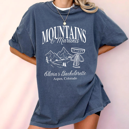 Personalized Mountains And Martinis Bachelorette Shirt Custom Mountain Theme Bridal Party Matching Shirts Cabin Crew Group Tee Bach Party