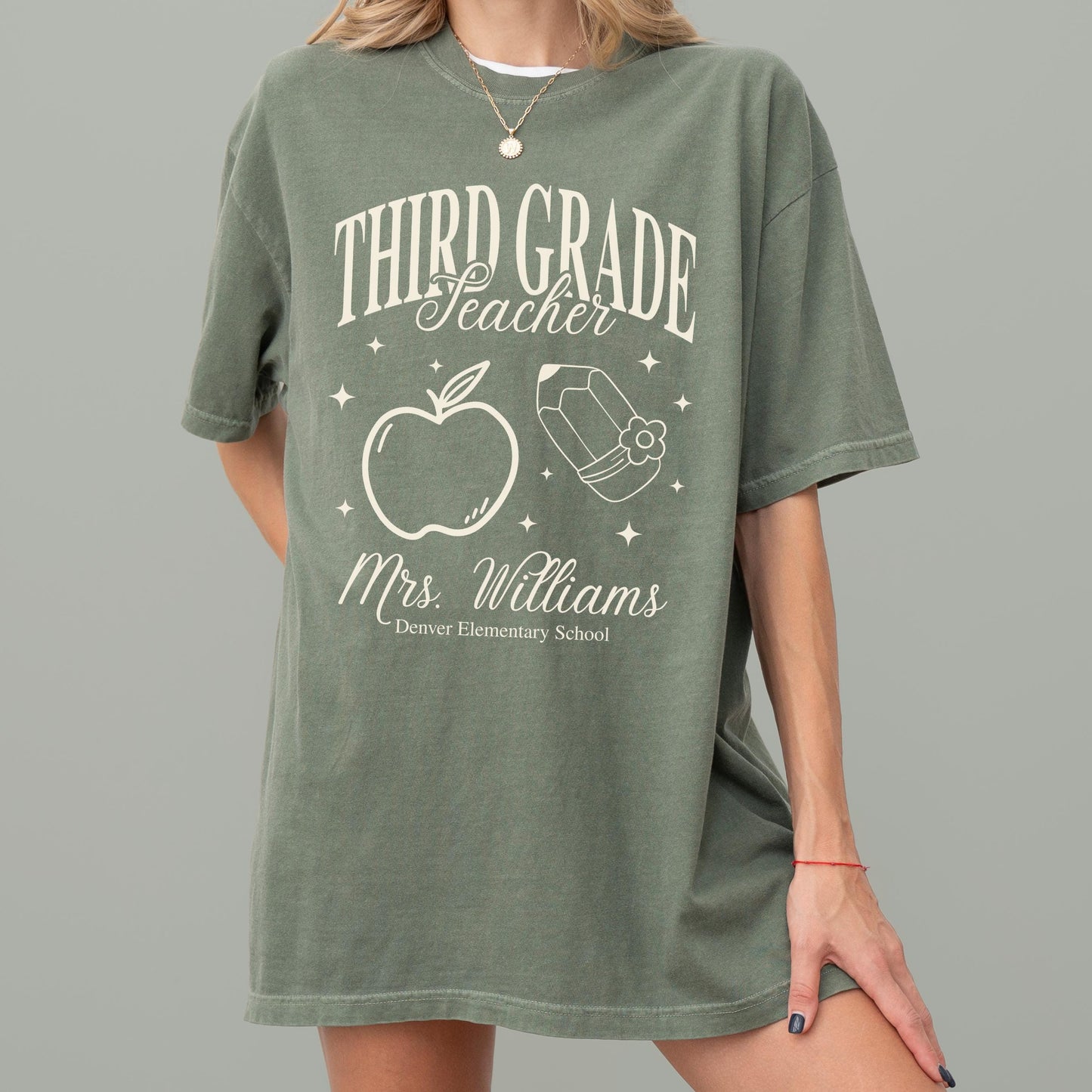 Personalized Third Grade Teacher T Shirt 3rd Grade Custom Teacher Name Bulk Matching Tee Group Elementary Teacher Shirt Idea Apple Teach