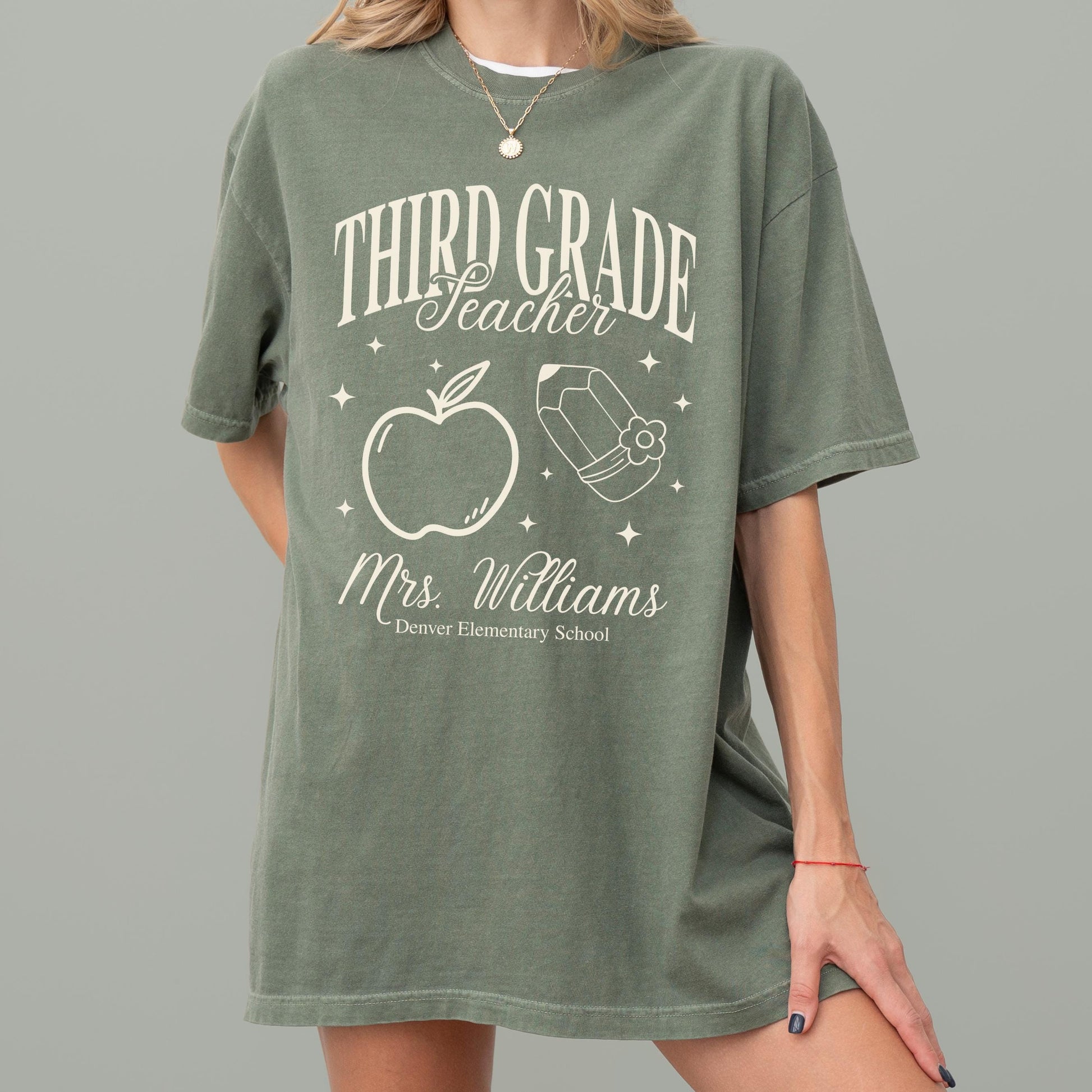 Personalized Third Grade Teacher T Shirt 3rd Grade Custom Teacher Name Bulk Matching Tee Group Elementary Teacher Shirt Idea Apple Teach