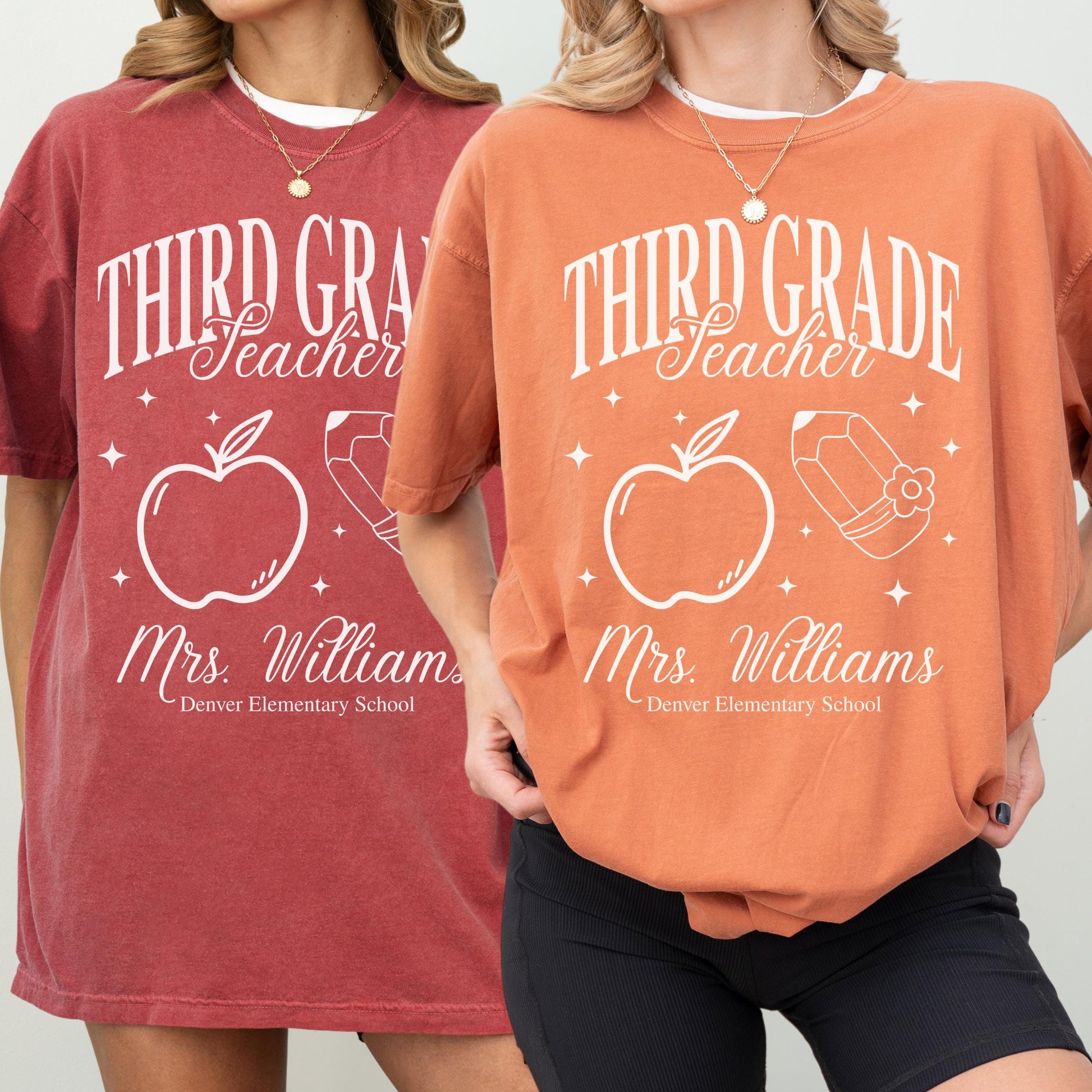 Personalized Third Grade Teacher T Shirt 3rd Grade Custom Teacher Name Bulk Matching Tee Group Elementary Teacher Shirt Idea Apple Teach