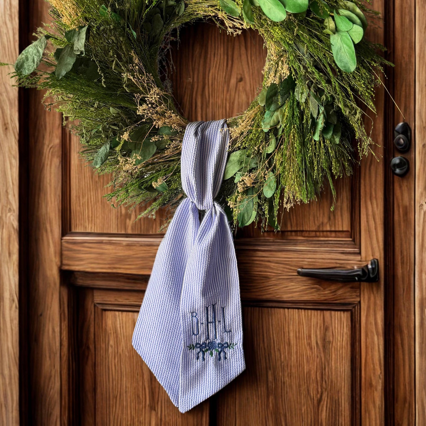 Personalized Wreath Sash Blue Stripes Home Decor Gift Idea Monogram Wreath Bow Embroidered Preppy Housewarming Gift Entryway Decor Custom