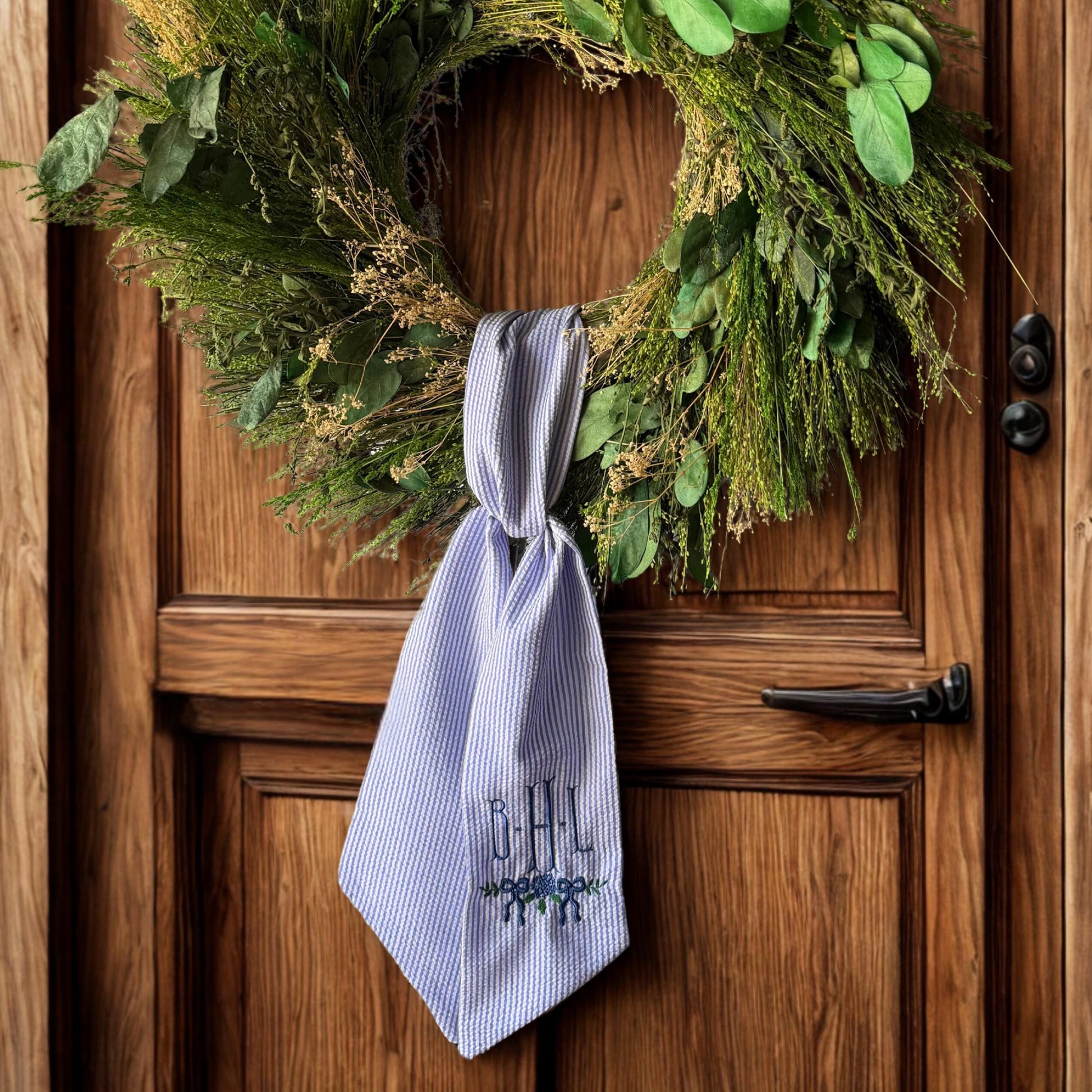 Personalized Wreath Sash Blue Stripes Home Decor Gift Idea Monogram Wreath Bow Embroidered Preppy Housewarming Gift Entryway Decor Custom