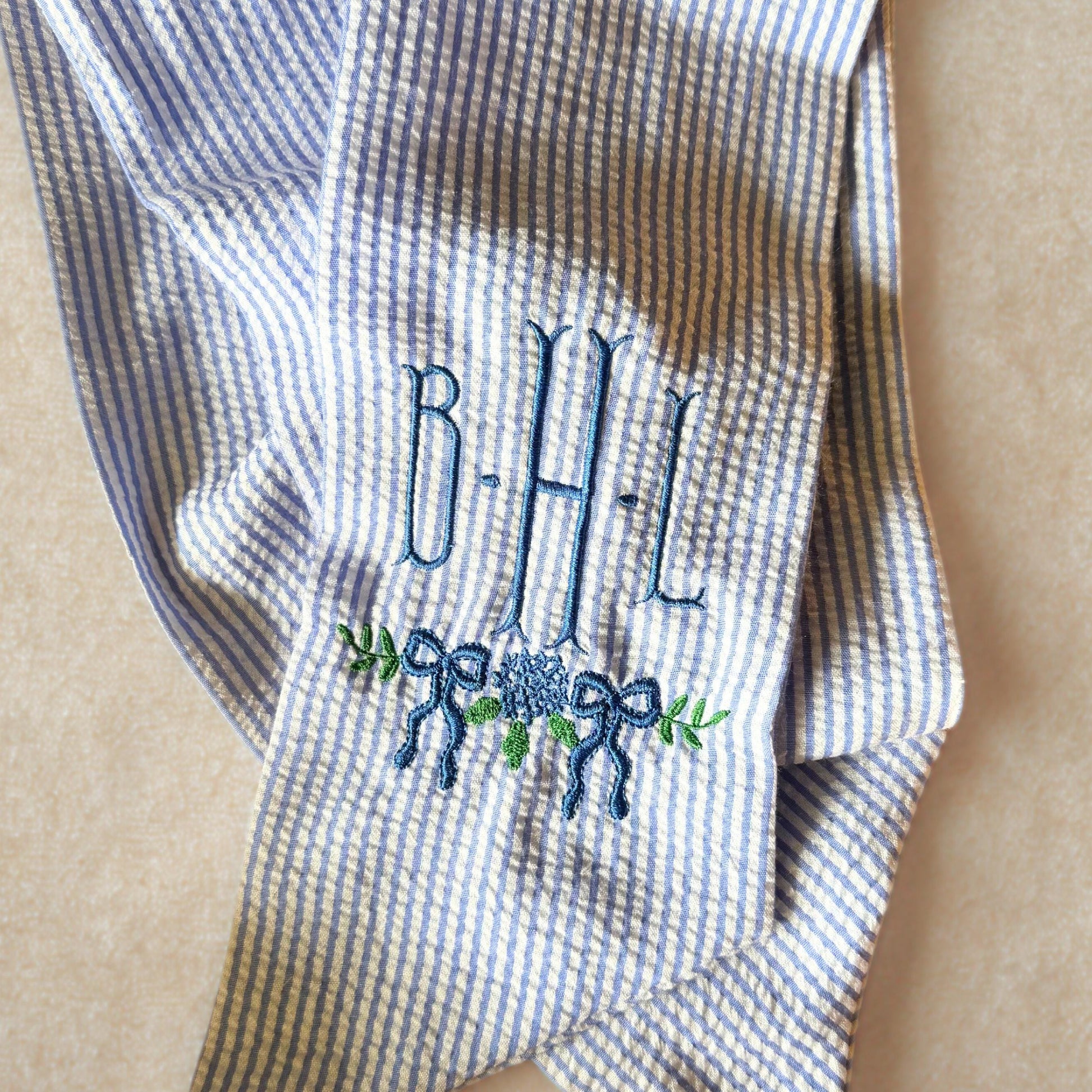 Personalized Wreath Sash Blue Stripes Home Decor Gift Idea Monogram Wreath Bow Embroidered Preppy Housewarming Gift Entryway Decor Custom