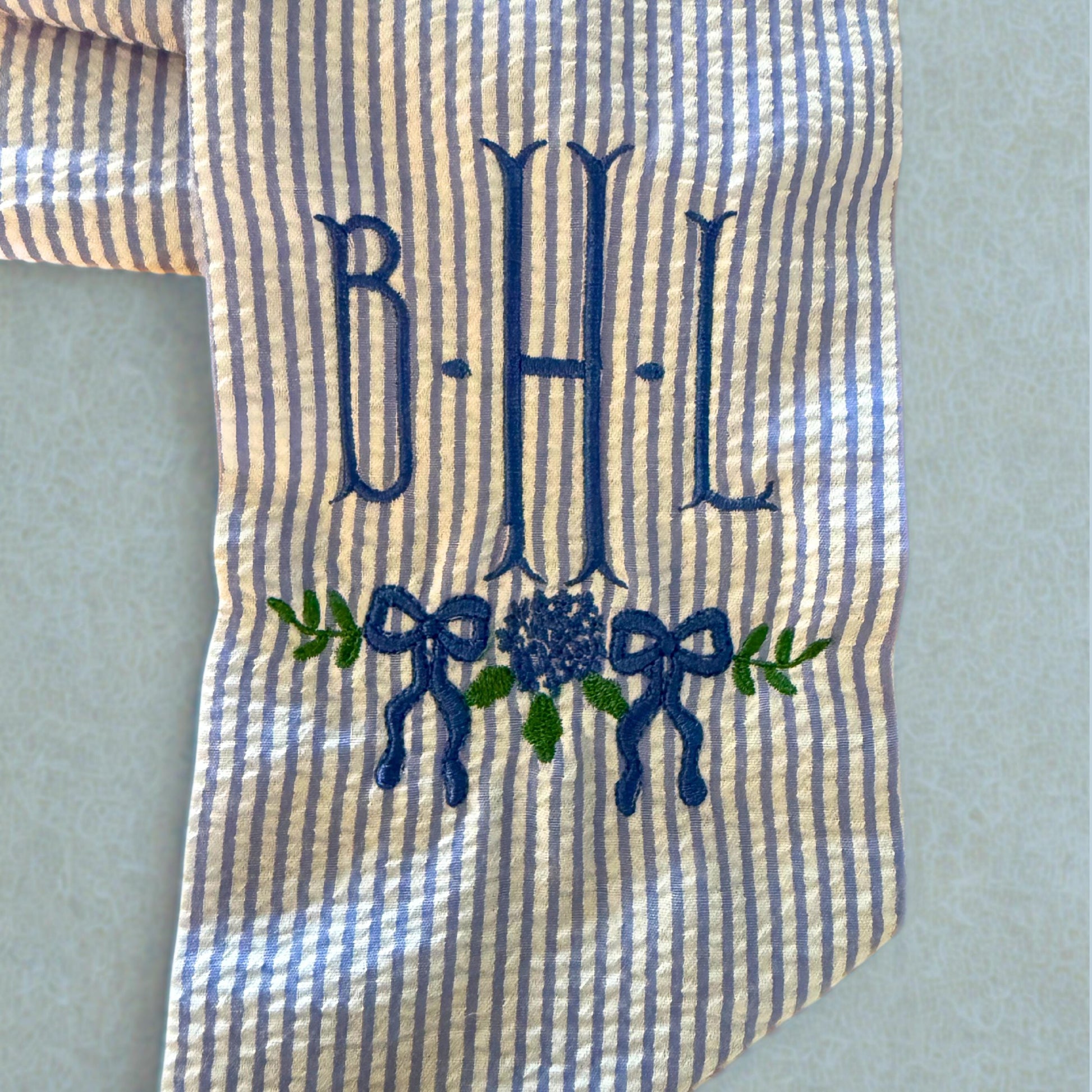 Personalized Wreath Sash Blue Stripes Home Decor Gift Idea Monogram Wreath Bow Embroidered Preppy Housewarming Gift Entryway Decor Custom