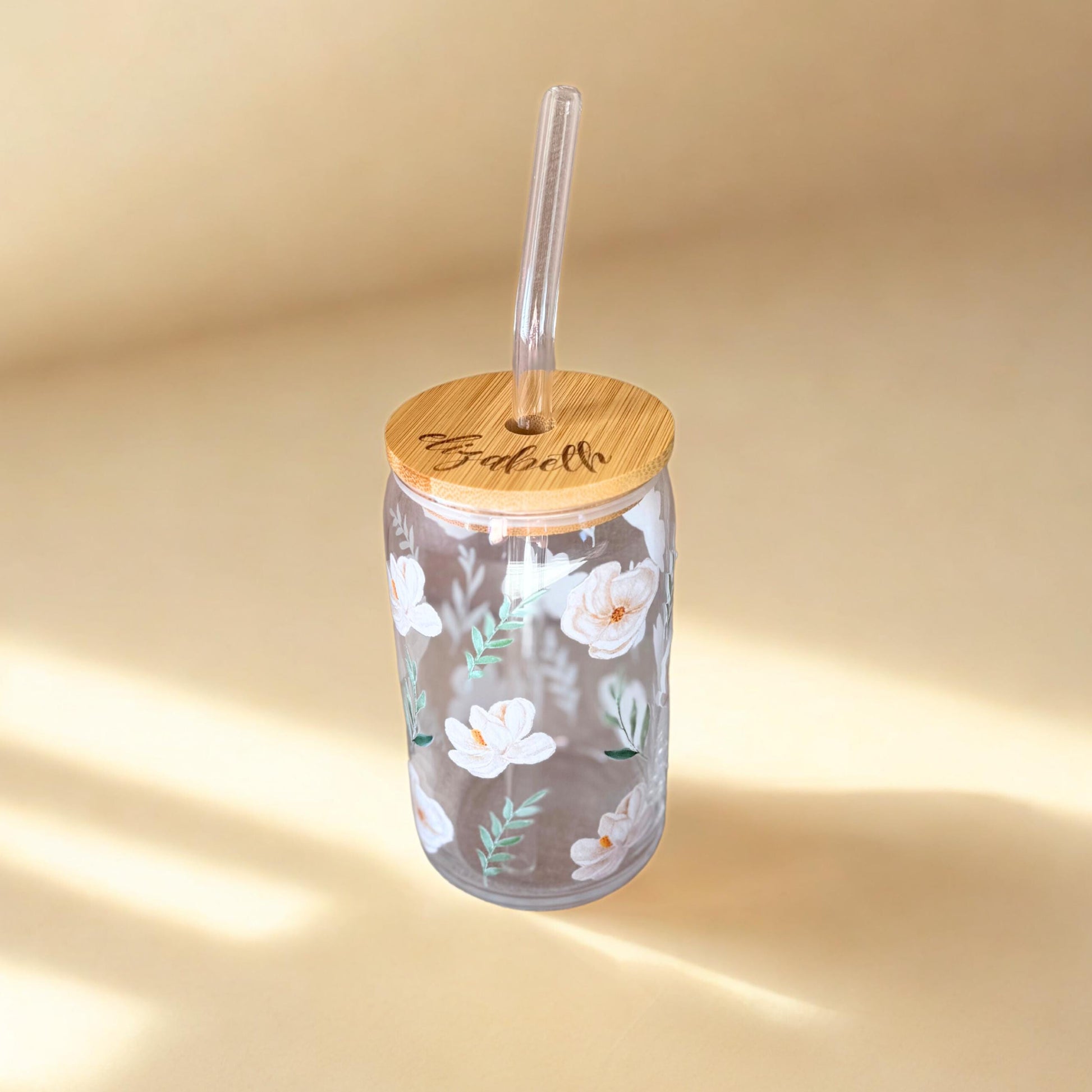 Personalized Floral Glass Cup White Flower Iced Coffee Mug Name Tumbler Custom Engraved Lid Bride Gift Idea Sipper Glass Bridal Shower Gift