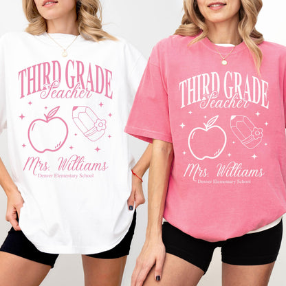 Personalized Third Grade Teacher T Shirt 3rd Grade Custom Teacher Name Bulk Matching Tee Group Elementary Teacher Shirt Idea Apple Teach