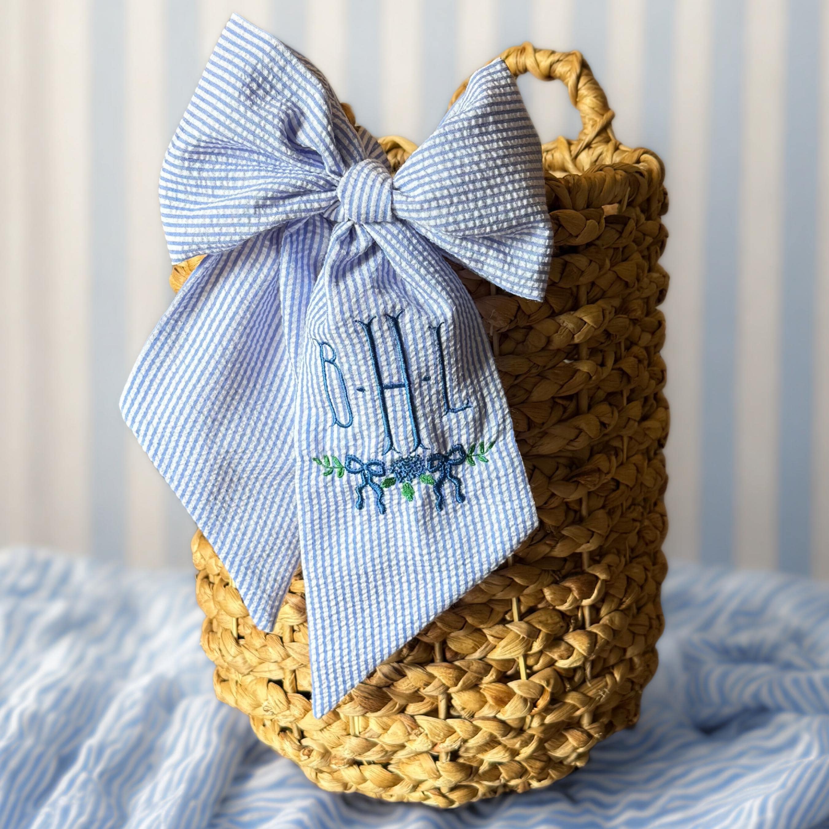 Personalized Wreath Sash Blue Stripes Home Decor Gift Idea Monogram Wreath Bow Embroidered Preppy Housewarming Gift Entryway Decor Custom