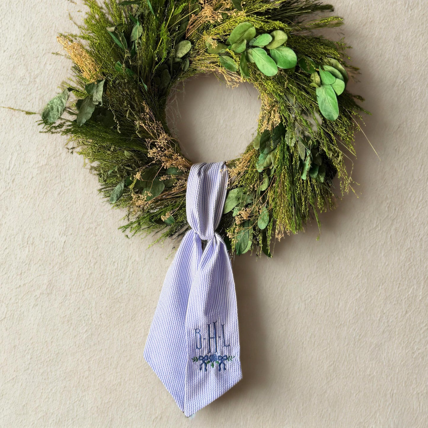 Personalized Wreath Sash Blue Stripes Home Decor Gift Idea Monogram Wreath Bow Embroidered Preppy Housewarming Gift Entryway Decor Custom