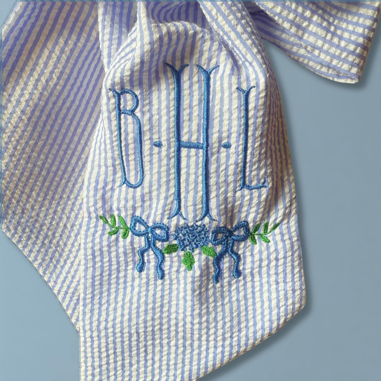 Personalized Wreath Sash Blue Stripes Home Decor Gift Idea Monogram Wreath Bow Embroidered Preppy Housewarming Gift Entryway Decor Custom