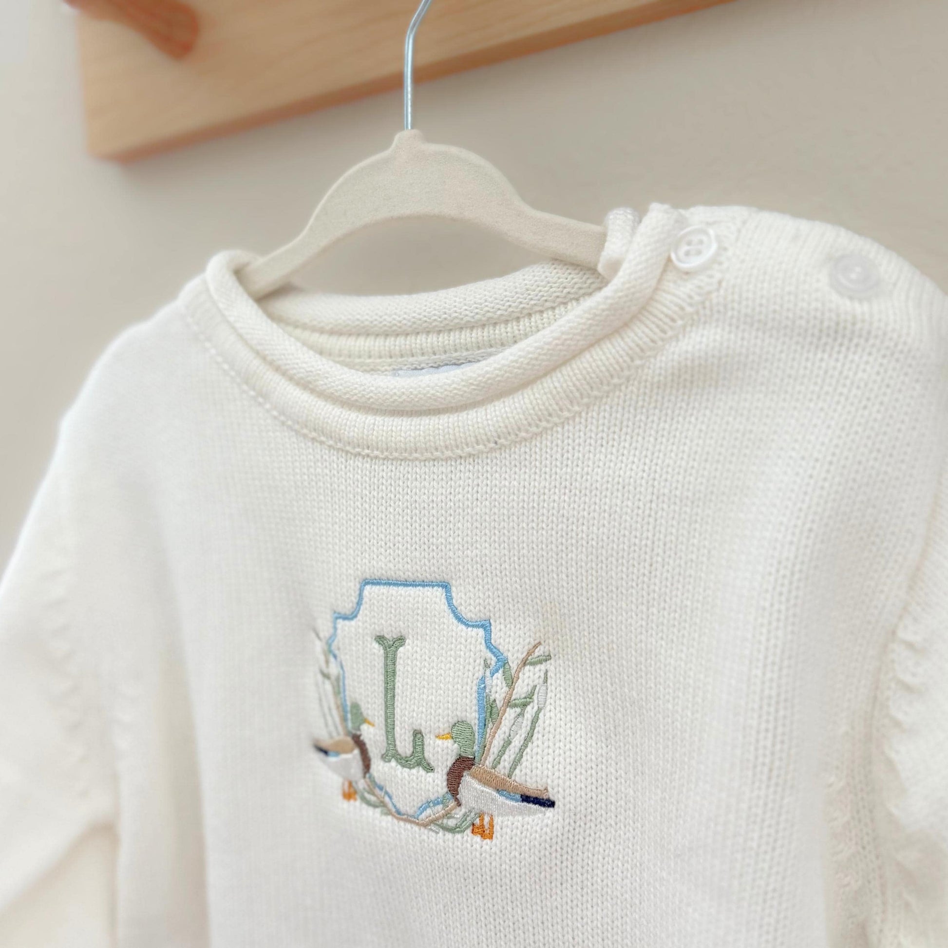 Custom Baby Sweater Embroidered Initial Shirt Toddler Sweater Romper Newborn Boy Coming Home Outfit With Monogram Duck Shirt Gift Idea Baby